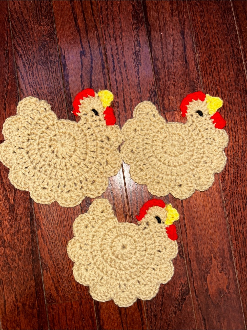 Handmade Beige Crochet Chicken Coasters - Set of 3